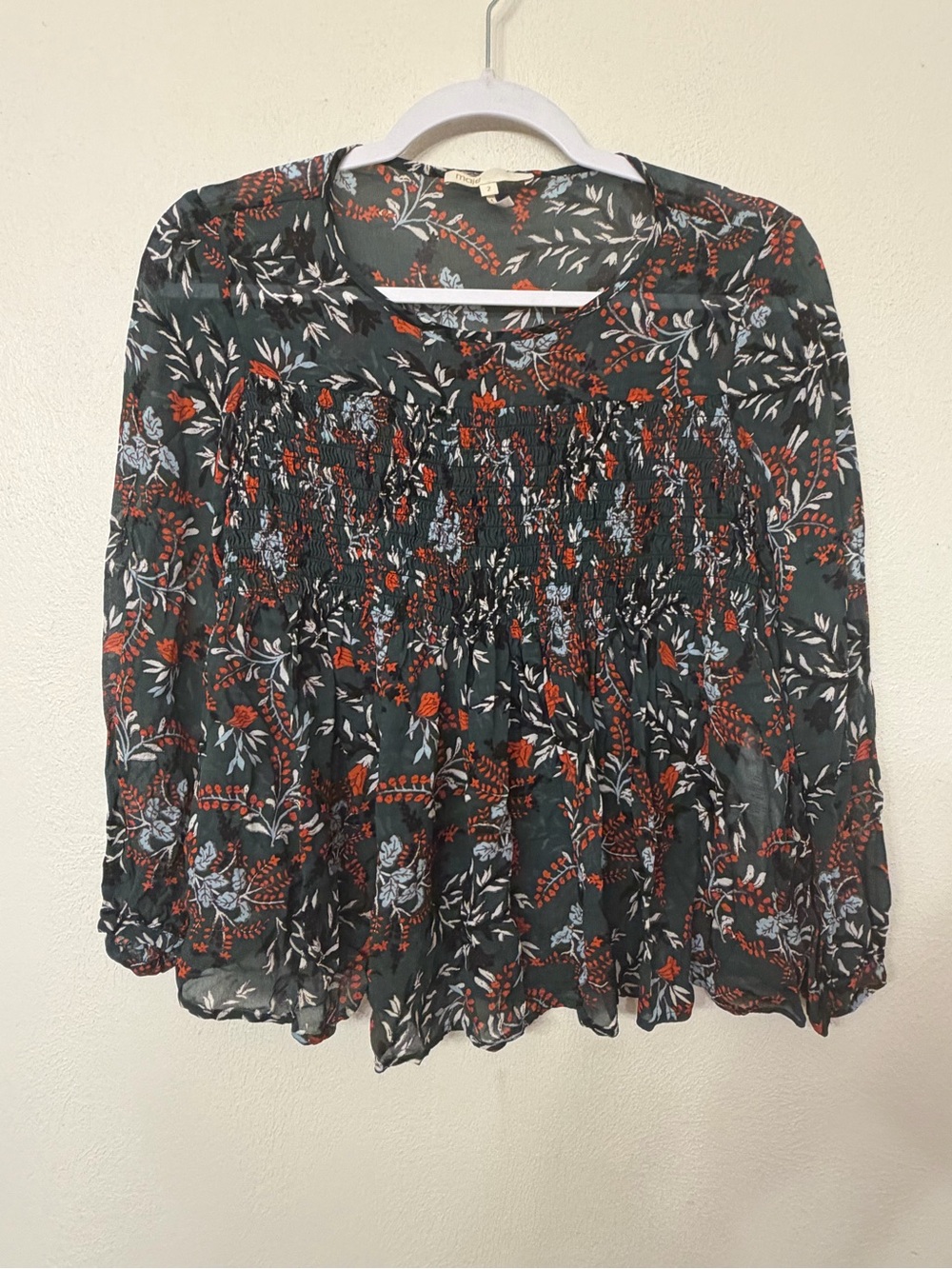 Maje Women’s Green Floral Lo Fleur Crepe Georgette Smocked Blouse Size 2